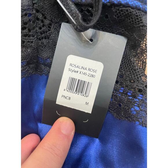 NWT Frederick's of Hollywood Blue Black Lace Satin Glossy Slit Maxi Gown Size M - Picture 5 of 6